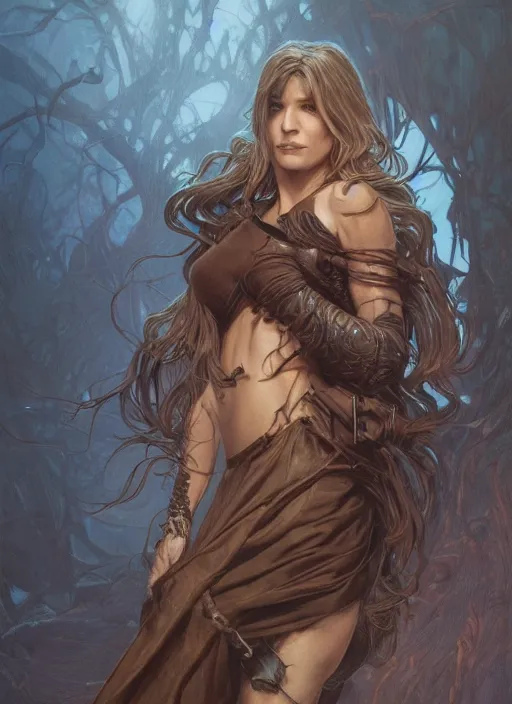 Image similar to portrait of a ruggedly handsome female witch, soft hair, muscular, half body, leather, d & d, fantasy, intricate, elegant, highly detailed, digital painting, artstation, concept art, smooth, sharp focus, illustration, art by artgerm and greg rutkowski and alphonse mucha