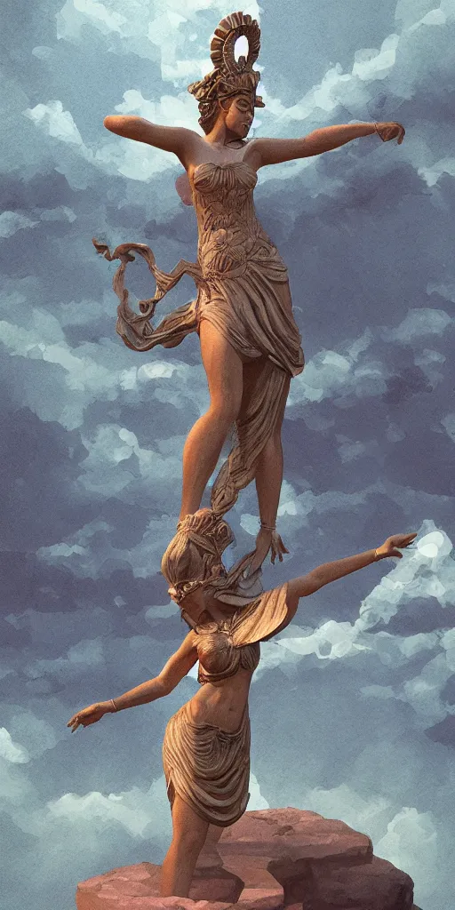 Prompt: a statue of a greek goddess dancing next to a temple in a standing pose with arms by her body, digital illustration, trending on artstation, by anato finnstark and makoto shinkai