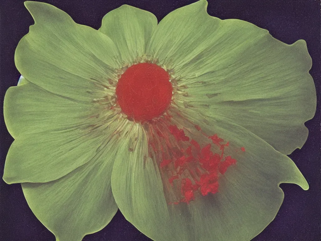 Image similar to The seed of a mammal in a water flower. Colored painting by Georgia O'Keefe, Karl Blossfeldt, Bekinski