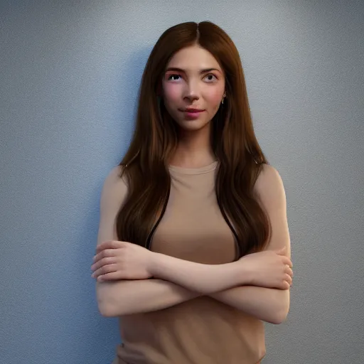 Image similar to Render of April, a cute 3D young woman, long shiny bronze brown hair, full round face, green eyes, medium skin tone, light cute freckles, light blush, smiling softly, wearing casual clothing, interior lighting, cozy living room background, medium shot, mid-shot, hyperdetailed, hyperreal, trending on Artstation, Unreal Engine, 4k