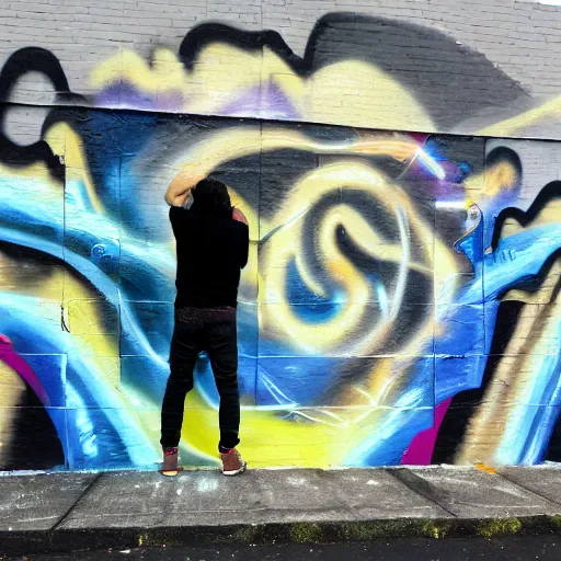 Prompt: a picture of a man in a black hoodie painting a graffiti mural of a galaxy on a brick wall