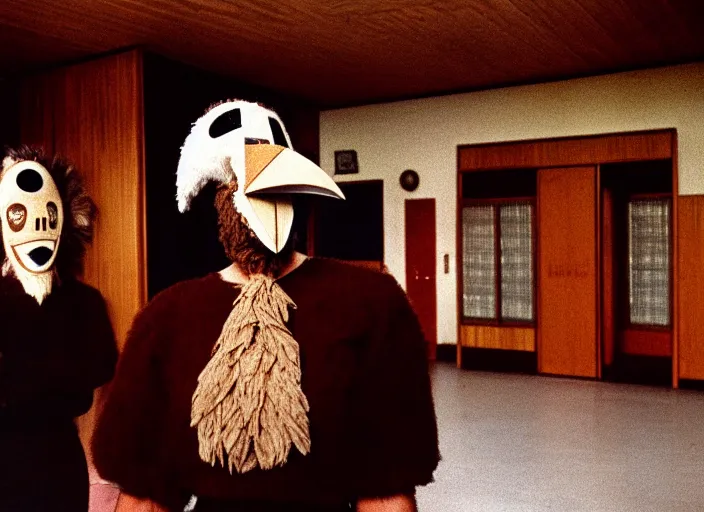 Image similar to realistic photo portrait of the team, brown mustard cotton fluffy shorts, crow mask face, wooden polished and fancy expensive wooden science laboratory hall interior 1 9 9 0, life magazine reportage photo, twin peaks by david lynch