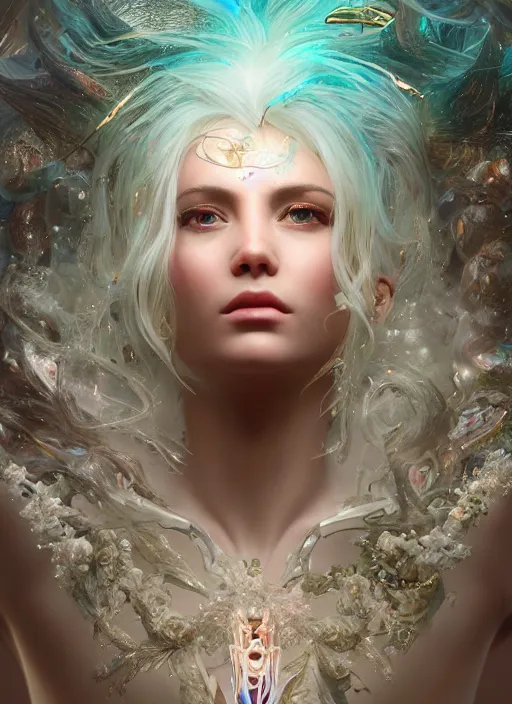 Image similar to beauteous practical sumptuous biomechanical with incredible iridescent pearlescent voluminous hair, crystalline masterpiece incrustations, hyperdetailed face, elegant pose, movie still, cinematic forest lighting, intricate accuracy, octane render, cgsociety, artgerm, unreal engine, crepuscular rays, god rays