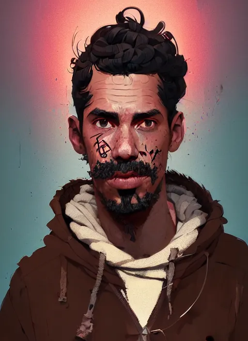 Image similar to highly detailed portrait of a sewer punk guy worker, thirties, black hair, brown eyes, small mustache, tartan hoody, short curly hair by atey ghailan, by greg rutkowski, by greg tocchini, by james gilleard, by joe fenton, by kaethe butcher, gradient pink, brown, light blue and white color scheme,