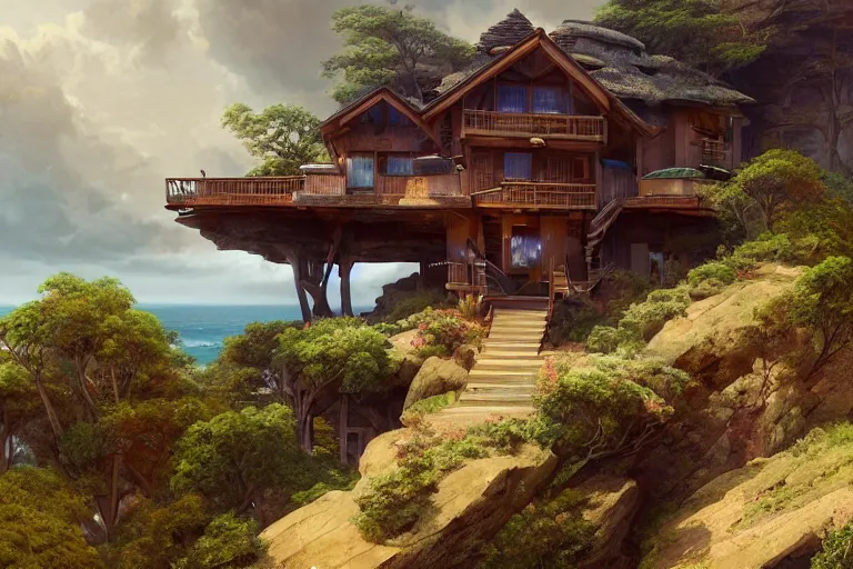 Image similar to lovely a - frame home sits atop a broad cliff, overlooking the entirety of the blue sky, digital painting by greg rutkowski and gaston bussiere, zbrush, cgsociety contest winner, comprehensive art, intricate, landscape photography, brightly radiant atmosphere, overcast sky, homogeneous to hawaii, 4 k, 8 k