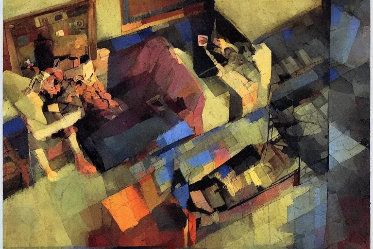 Image similar to old zombie couple on a couch, watching TV, in a small room, small paintings on the wall, light flickering, intricate painting, view from above, wide angle lens, isometric, in the style of mixed media, collage, by Craig Mullins, by Karel Thole!!, by JC Leyendecker, ((by Paul Klee))