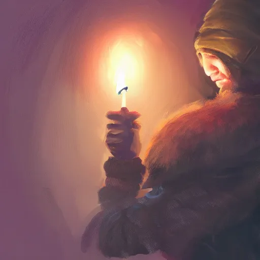 Prompt: a male adventurer wearing a black night cap with a pom pom at the end, holding a candle, portrait, d & d, science fiction, concept art, matte, sharp focus, illustration, concept art, jason chan, dan luvisi, karl thiart