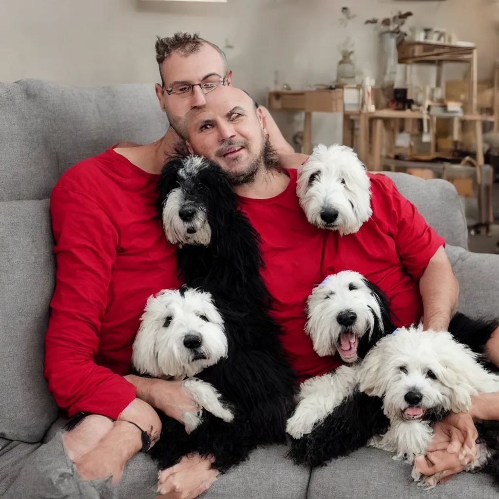 Prompt: Photo of a 30 year old man with short black hair and a red shirt sitting on a couch, with an Old English Sheepdog sitting next to him in a basket