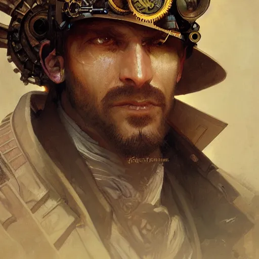 Image similar to Portrait of a steampunk man, science fiction, highly detailed, digital painting, artstation, concept art, illustration, art by Greg Rutkowski and alphonse mucha