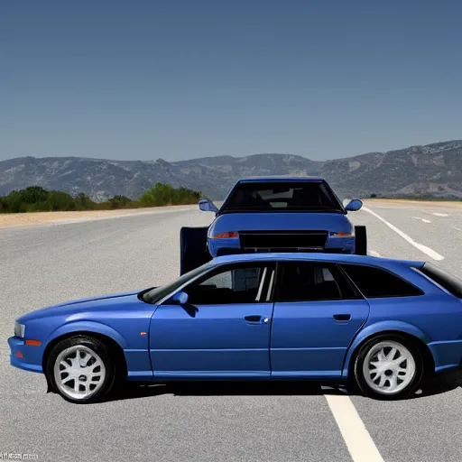 Prompt: A mix of Denim Blue Audi A4 B6 Avant (2002) and a Chevrolet Camaro (1969), wide shot