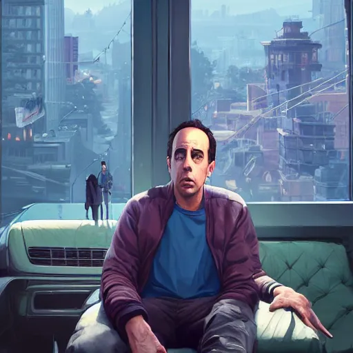 Image similar to highly detailed portrait, jerry seinfeld, in gta v, stephen bliss, unreal engine, fantasy art by greg rutkowski, loish, rhads, ferdinand knab, makoto shinkai and lois van baarle, ilya kuvshinov, rossdraws, tom bagshaw, global illumination, radiant light, detailed and intricate environment