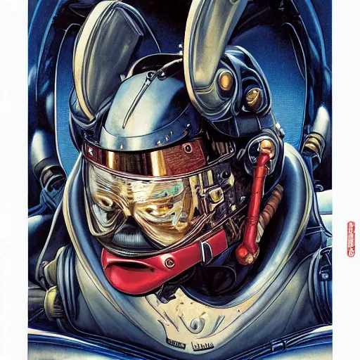 Image similar to portrait of crazy the rocketeer, symmetrical, by yoichi hatakenaka, masamune shirow, josan gonzales and dan mumford, ayami kojima, takato yamamoto, barclay shaw, karol bak, yukito kishiro, jean - baptiste monge