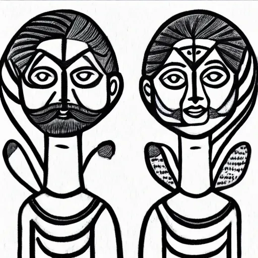 Prompt: perfectly centered symmetrical split male and female portrait of young indian man and woman in love sharing one heart. illustration, highly detailed, simple, no jagged lines, smooth, artstation, artwork by frank lloyd wright