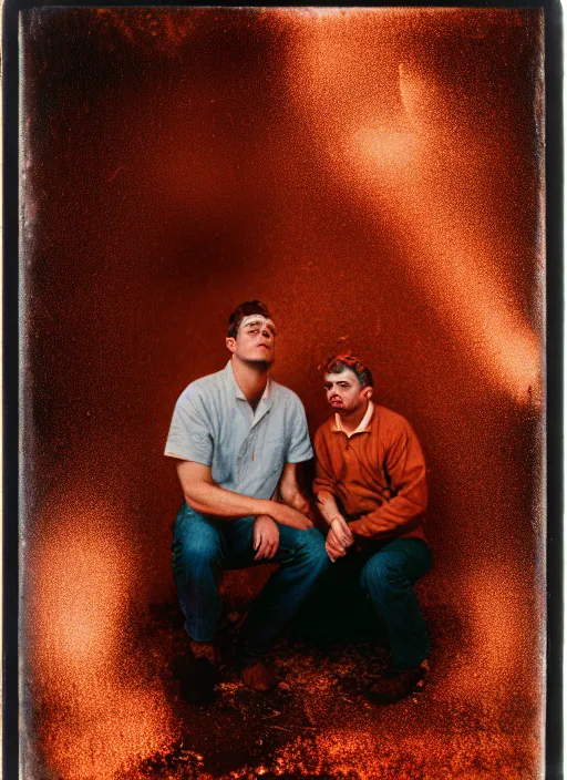 Image similar to kodak portra 4 0 0, wetplate, 8 k, shot of a highly detailed boyfriend explosion accident osmium copper rust flash spark