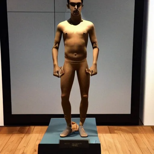 Image similar to “ a realistic detailed photo of a guy who is an attractive humanoid who is half robot and half humanoid, who is a male android, soccer player antoine griezmann, shiny skin, posing like a statue, blank stare, at the museum, on display ”