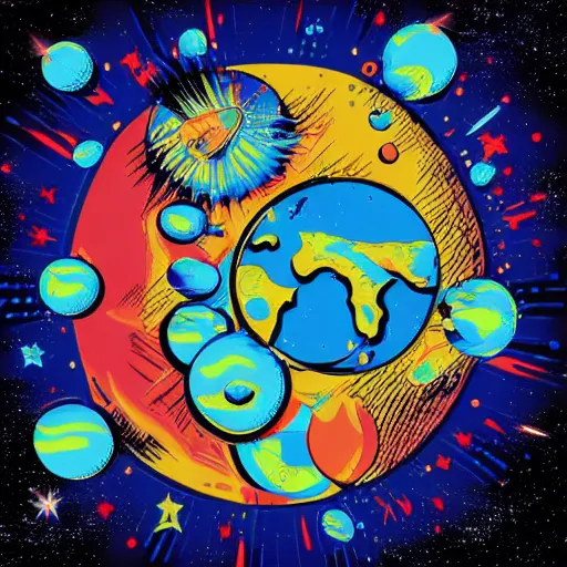 Image similar to 2 planet collapse particle fusion element macro cosmic art by butcher billy, sticker, colorful, illustration, highly detailed, simple, smooth and clean vector curves, no jagged lines, vector art, smooth andy warhol style