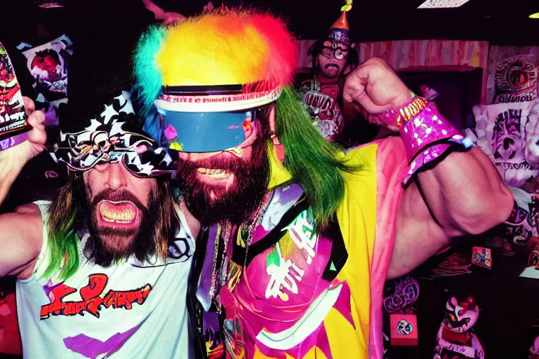 Image similar to macho man randy savage iwgp heavyweight champion at a birthday party at chuck e cheese, mid 9 0 s, gritty, ethereal details, cinematic lighting, hyper - detailed, maximalist, artstation, 8 k