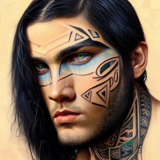 Image similar to ultra realistic portrait painting of a perfect handsome man blue eyes black hair stubble tribal tattoo, painted by Tristan Eaton Stanley Artgerm and Tom Bagshaw