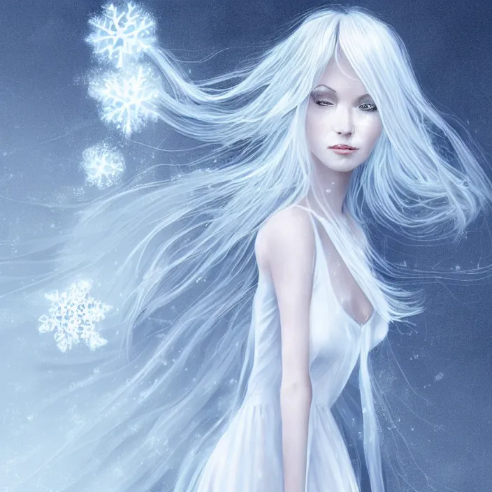 Prompt: full body portrait of a woman with pale blue hair wearing a long white dress made out of snowflake in the middle of a heavy snowstorm. she looks almost dead because of how pale she is. digital art by maromi sagi