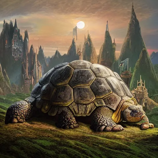 Image similar to large fantasy castle covering the top of a giant tortoise similar to howls moving castle and mortal engines, the tortoise moves accorss harsh wasteland with sharp rays of sunlight, distant - mid - shot, fantasy, hyper detailed, realistic