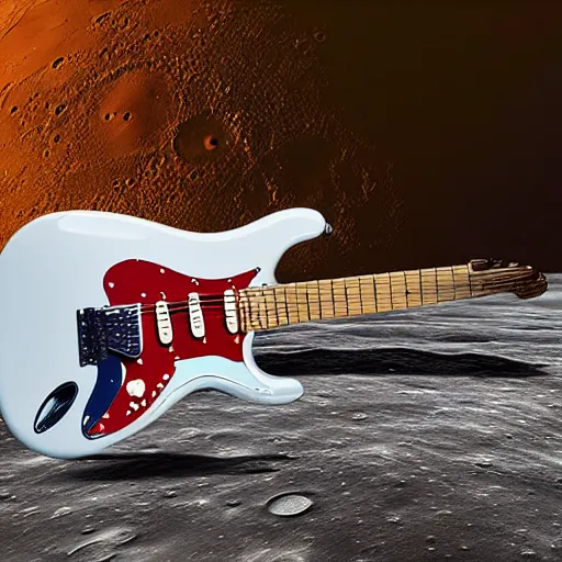Prompt: a detailed, realistic, idle, regular sized stratocaster fender guitar next to a detailed, realistic, idle, regular sized beer can on the moon. detailed photo. realistic photo