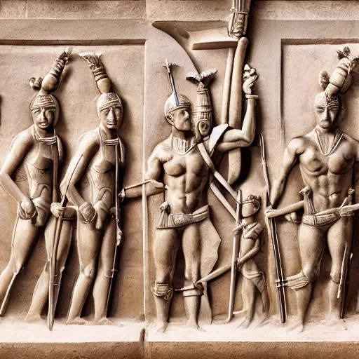 Prompt: bas relief of jeff bezos surrounded by ancient tall female warriors with spears, photorealistic, detailed