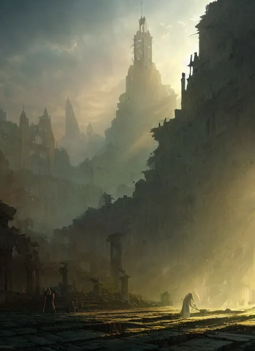 Image similar to the ruins of a once great city, mist, sunrays, dust in the air, dnd character, unreal engine, octane render, dramatic lighting, pond, digital art, by stanley artgerm lau, greg rutkowski, thomas kindkade, alphonse mucha, loish, norman rockwell,