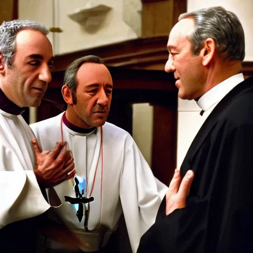 Image similar to jeffery epstein, bill cosby, and kevin spacey dressed up as catholic priests, speaking to a congregation in church, 8 k, realistic.