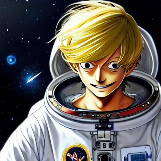 Image similar to sanji in a astronaut suit and sanji, black tuxedo, intricate, sanji, highly detailed, digital painting, artstation, concept art, smooth, sharp focus, illustration, sanji, unreal engine 5, 8 k, art by artgerm and greg rutkowski and alphonse mucha