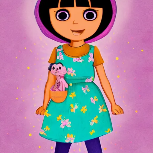 Image similar to dora the explorer as real girl in happy pose, detailed, intricate complex background, Pop Surrealism lowbrow art style, muted pastel colors, soft lighting, 50's looks by Kanjana Khumcruth (Gan)