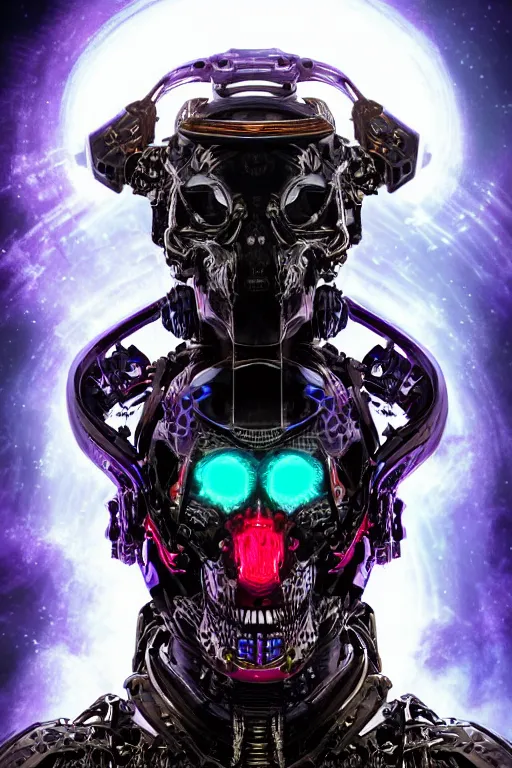 Prompt: a dramatic full-color futuristic skull ,godlike and stoic, with dull glowing eyes, extremely detailed cybernetic engraved armor and intricately detailed mecha helmet, perfectly symmetrical facial structure and framework, beautiful yet brutal alien facial features of cybernetic themes, by josh nizzi and steve jung and vitaly bulgarov, dark sci-fantasy, deeply ornate complexity, human anatomy mixed with transformer and cyborg characteristics, sci-fi character concept, photorealism, art nouveau framing, stunning lighting, hyperrealism, 8k