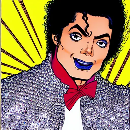 Prompt: dynamic macro head portrait of beautifu michael jackson super hero in white sequined jacket by john romita sr and cory walker and ryan ottley and jack kirby and barry windsor - smith, comic, illustration, photo real