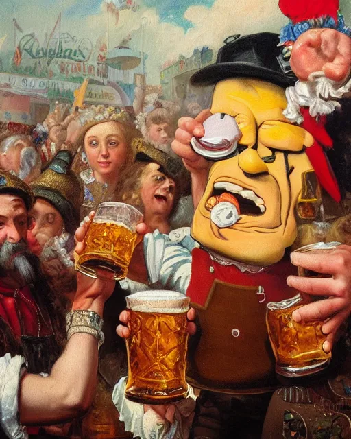 Prompt: a painting of bart simpson holding a mug of beer at the oktoberfest, a detailed painting by konstantin makovsky and by jan matejko and by nikolay makovsky, shutterstock contest winner, german romanticism, detailed painting, oil on canvas, wimmelbilder