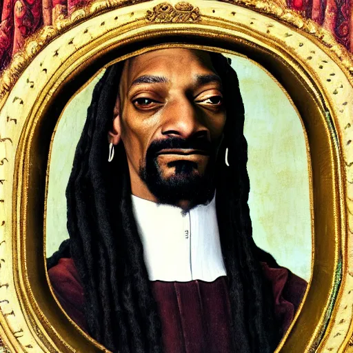 Image similar to a highly detailed portrait of snoop dogg, wearing elegant tudor clothes, inside a room with thick red tapestries, oil painting by hans holbein and alessandro allori and richard burbage