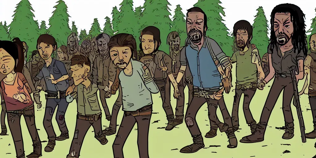 Image similar to frame from the walking dead, cartoonish style