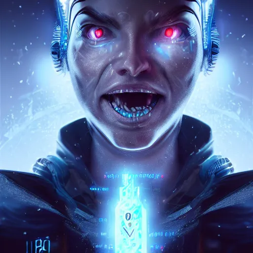 Image similar to a portrait of a evil cybernetic magician releasing ice spell, cyberpunk concept art, trending on artstation, highly detailed, intricate, sharp focus, digital art, 8 k
