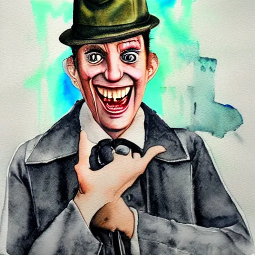 Prompt: portrait of inspector gadget manically laughing, it is evening, the mood of the picture is dark and menacing, rubbing alcohol watercolor ,hyper detailed, hyper realistic, by Botticelli