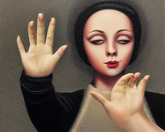 Image similar to a painting of a person waving hello, an ultrafine detailed painting by rafal olbinski, behance contest winner, pop surrealism, detailed painting, very detailed, minimalist, skeuomorphic, airbrush art