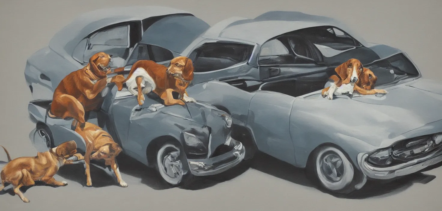 Image similar to highly detailed photorealistic painting of a car giving a dog a hug, mid century art, values as flat shapes, minimal shading