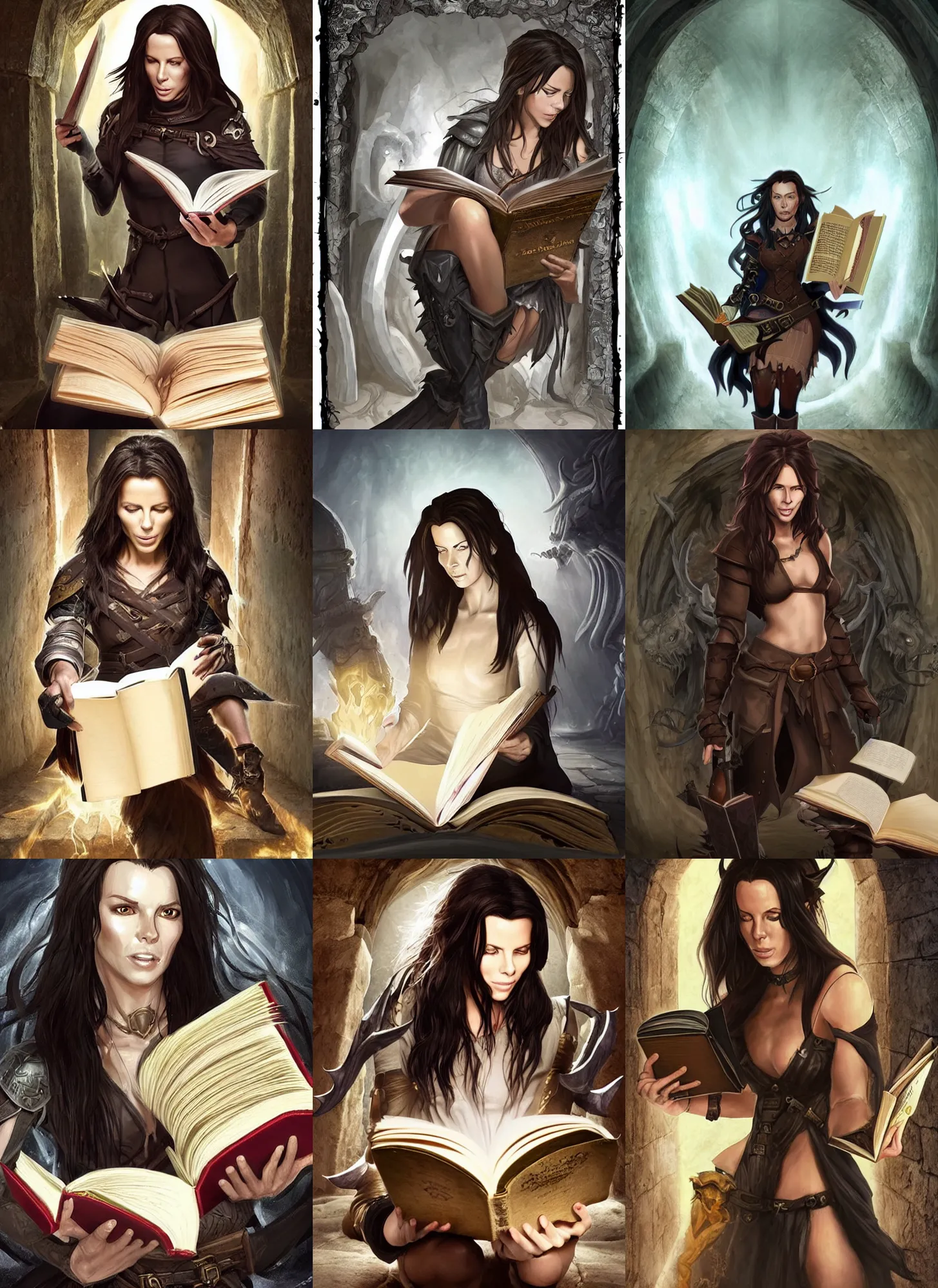 Prompt: DND character this, a girl with face of kate beckinsale, with tan skin and long straight black hair, reading an evil demonic book, evil energy, in an ancient tomb, rogue class warrior class