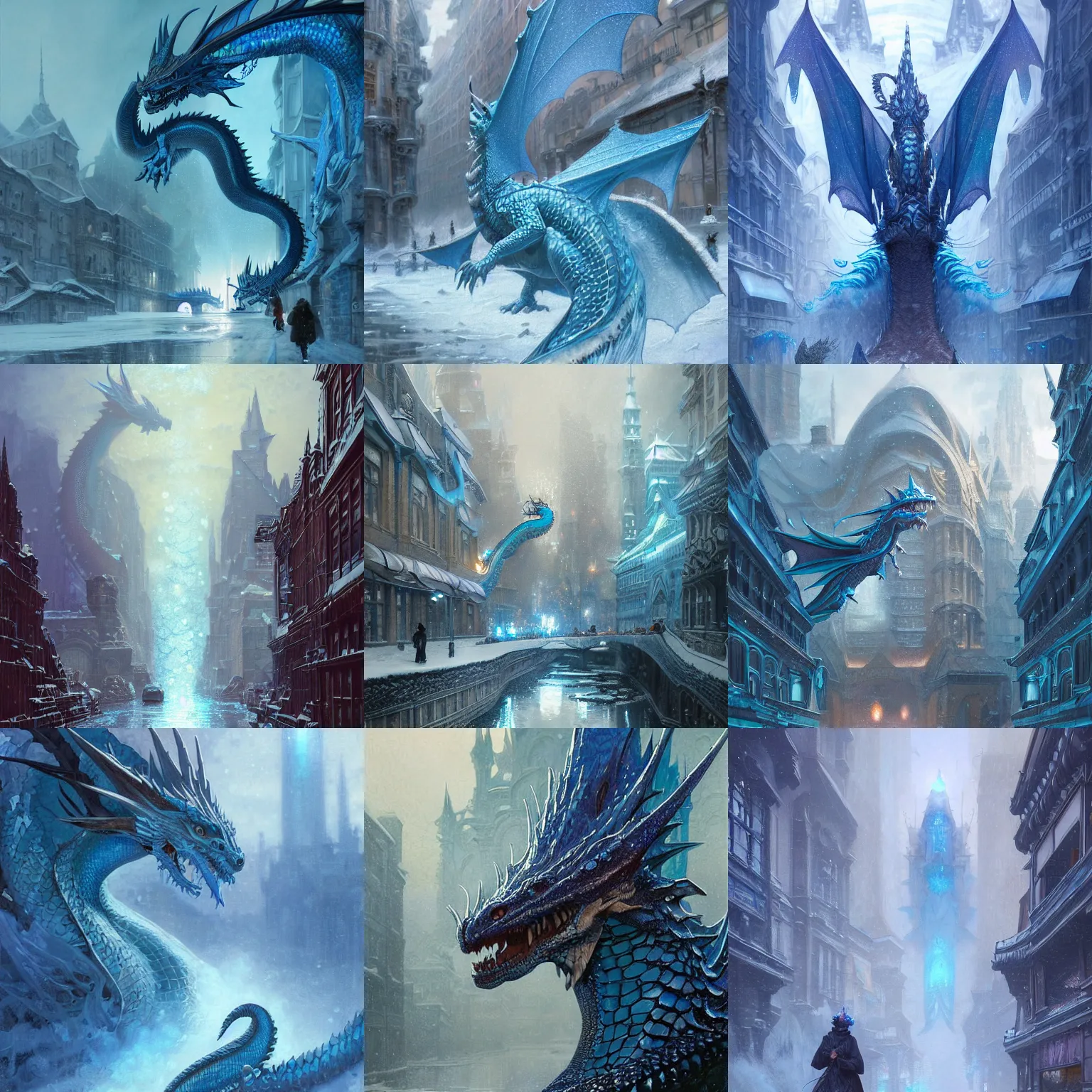 Prompt: Beautiful scaly blue dragon on the snowy streets of the mythical city made of water and ice, reflections, sparkle, full of details, matte painting, a fantasy digital painting, artstation, concept art, sharp focus, illustration, art by greg rutkowski and alphonse mucha