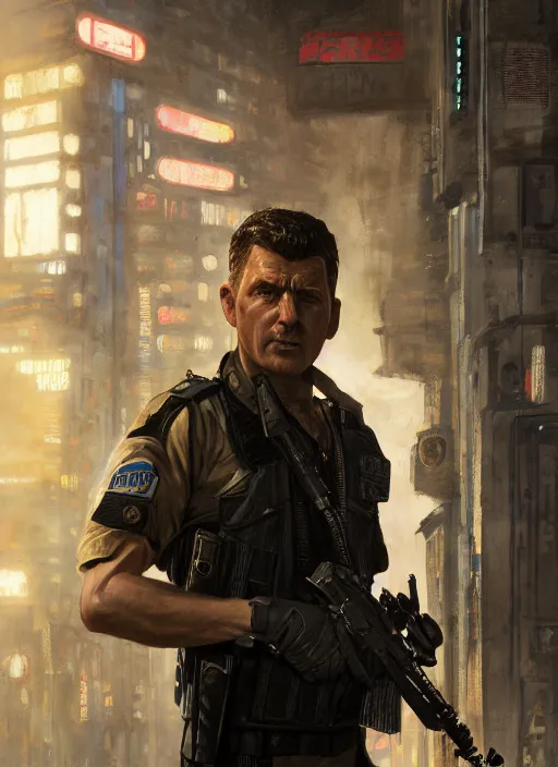 Image similar to andy griffith. cyberpunk police trooper in a military vest ( blade runner 2 0 4 9, cyberpunk 2 0 7 7 ). orientalist portrait by john william waterhouse and james gurney and theodore ralli and nasreddine dinet, oil on canvas. cinematic, hyper realism, realistic proportions, dramatic lighting, high detail 4 k