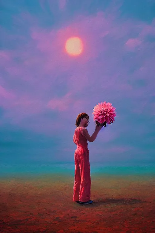 Image similar to closeup huge dahlia flower head, girl standing on beach, surreal photography, blue sky, sunrise, dramatic light, impressionist painting, digital painting, artstation, simon stalenhag