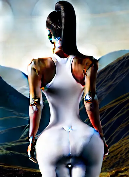 Prompt: kim kardashian, centered full body rear-shot, pov from rear, in skintight white sportswear, real photo, photoshooting, studio light, Irish mountains background, intricate, epic lighting, cinematic composition, hyper realistic, 8k resolution, unreal engine 5