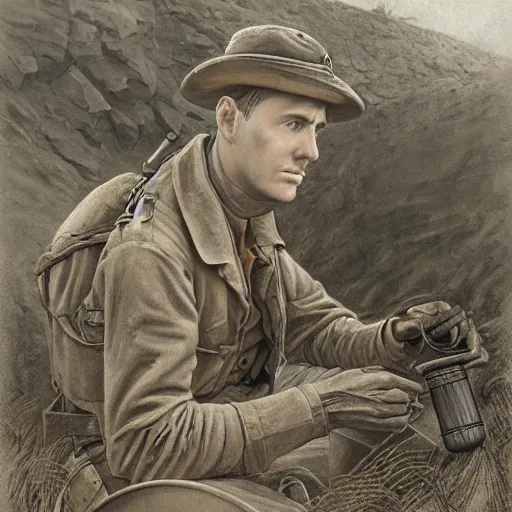 Image similar to a detailed photorealistic sepia - toned color portrait painting of a 1 9 1 7 worried clean - shaven british lieutenant in field gear in north arabia examining an ancient clay cylinder ultra realistic, intricate details, atmospheric, dark, horror, brooding, highly detailed, by clyde caldwell