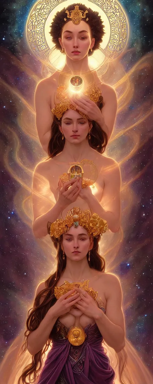 Image similar to perfectly detailed goddess of galaxies portrait judgement tarot card!! blessed by the universe with ever - increasing physical mental perfection, symmetrical! intricate, sensual features, highly detailed, universeral divine perfection!! digital painting, artstation, concept art, smooth, sharp focus, illustration, art by artgerm and greg rutkowski and alphonse mucha