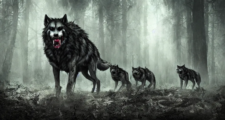 Image similar to an epic action concept masterpiece of a rabid wolfpack, in a forest made of nightmares, inspired by sd ai. horrific digital art, extremely moody lighting