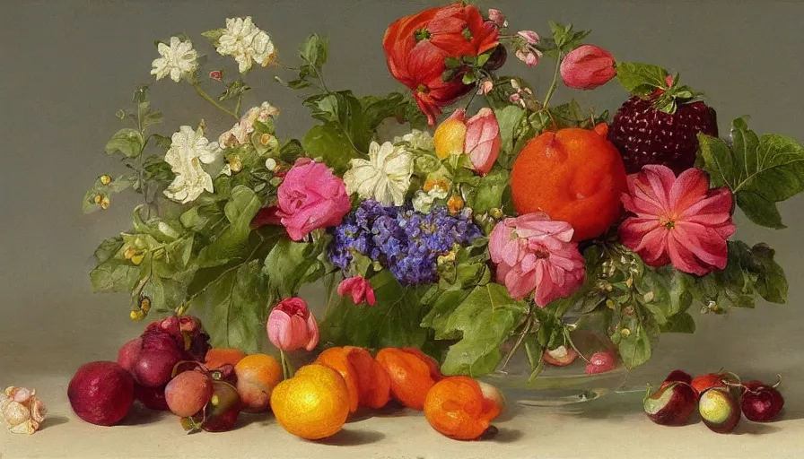 Image similar to perfume bottle in a garden of glorious bounty of summer fruits and flowers, by william mason brown