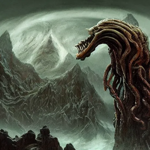 Image similar to old gods looking at the world for the first time, dark and beautiful, stunning 4 k, extremely detailed, opening shot, h. p. lovecraft, fantastic, fantasy.