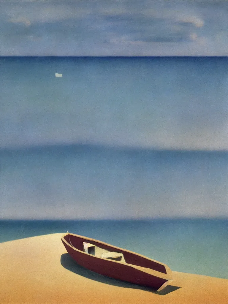 Image similar to a neo retro poster a boat near dune du Pilat, australian tonalism, pale gradients design, matte drawing, clean and simple design, outrun color palette. painted by Morandi, Agnes Pelton